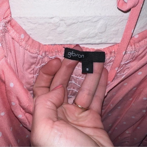 Gibson Pink White Polka Dot Puffed Short Sleeve Midi Smocked Dress, Size Small - Picture 4 of 9